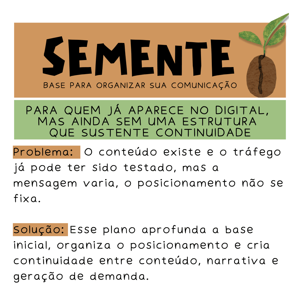 Card do plano Semente da Prosa da Jurema com fundo bege e elementos gráficos orgânicos. O texto aborda negócios que já possuem presença digital inicial, mas ainda sem continuidade estratégica.