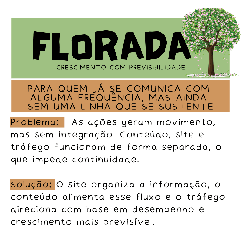 Plano Florada com gestão de redes sociais, site com SEO de oito artigos mensais e tráfego pago para marcas autorais.