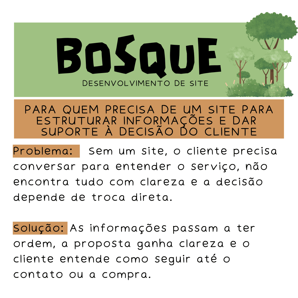 Card do Plano Bosque para estruturar o site com design responsivo, organização de textos comerciais e indexação no Google.