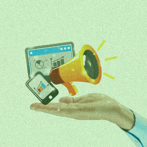 Ilustração de mão segurando megafone digital para serviços de tráfego pago da Prosa da Jurema.